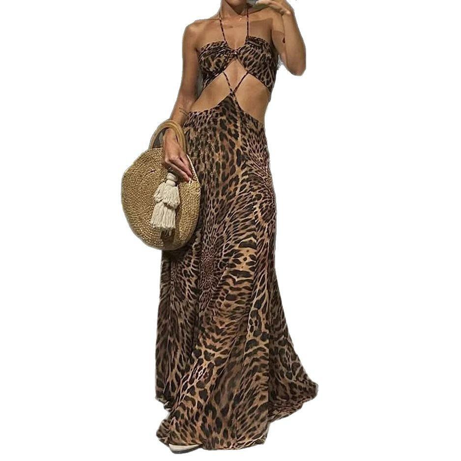 Pankh Kamilla Leopard Print Crisscross Tie Backless Halter Dress
