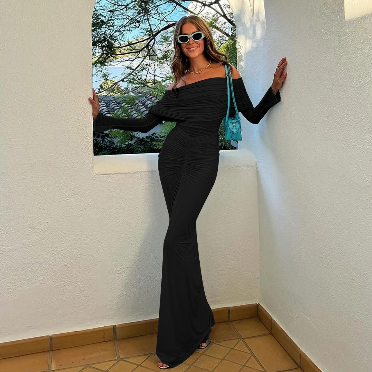 Pankh Alya Off Shoulder Sheer Glitter Front Shirring Long Maxi Dress