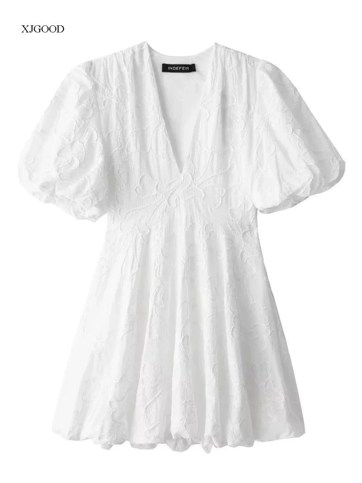 Pankh Pael V Neck Puff Sleeve Embroidered Pure Cotton Dress