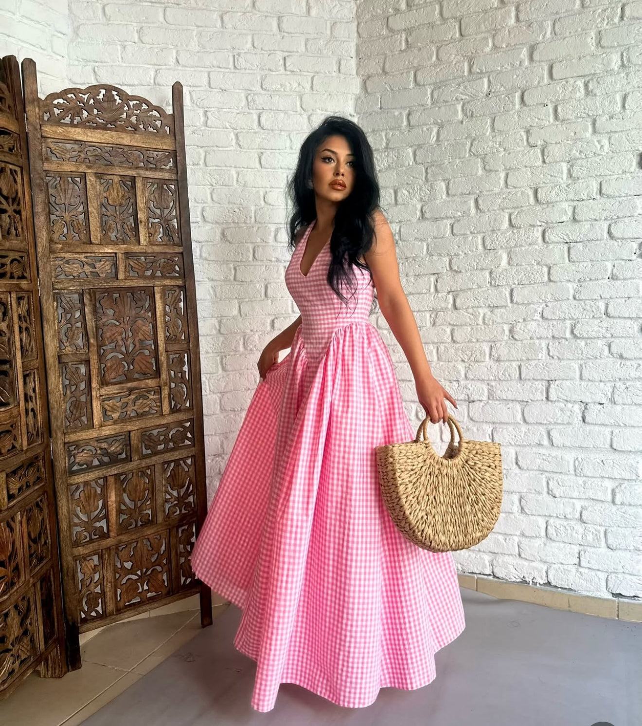 Pankh Luxe Anee Halter Neck Long Flaired Gingham Maxi Dress