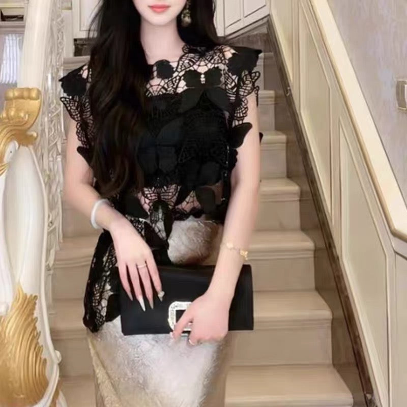 Pankh Zape Butterfly Hollow Cutout Pattern Lace Crochet Top