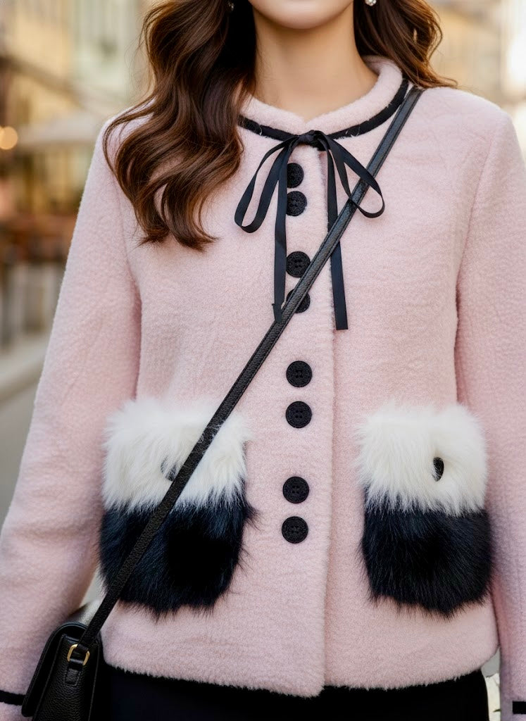 Pankh Hublu Tie up Collar Woolen and Fur  Blazer Coat