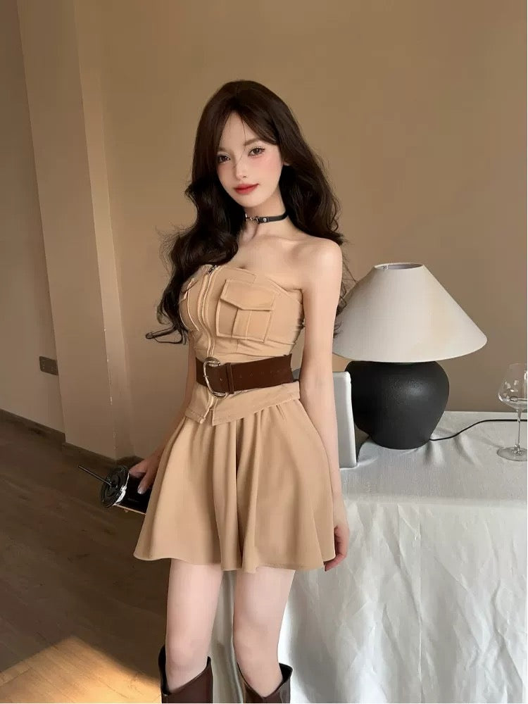 Pankh Briley  Off Shoulder Tube Top And Short Set With Belt