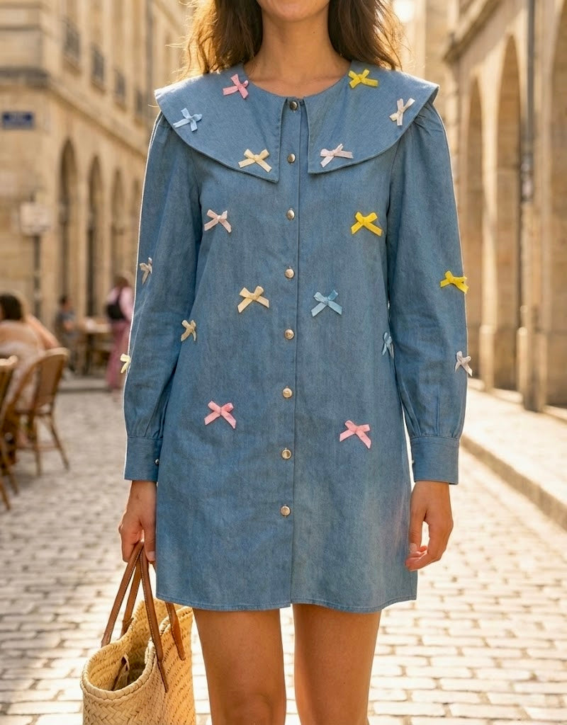 Pankh Susan Spring Summer Colorfull Bow Denim Shirt Dress