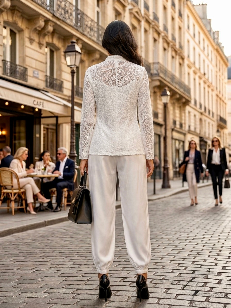 Aseh Lace Mandarin Collar Lace Top & Balloon Pant Coord Set
