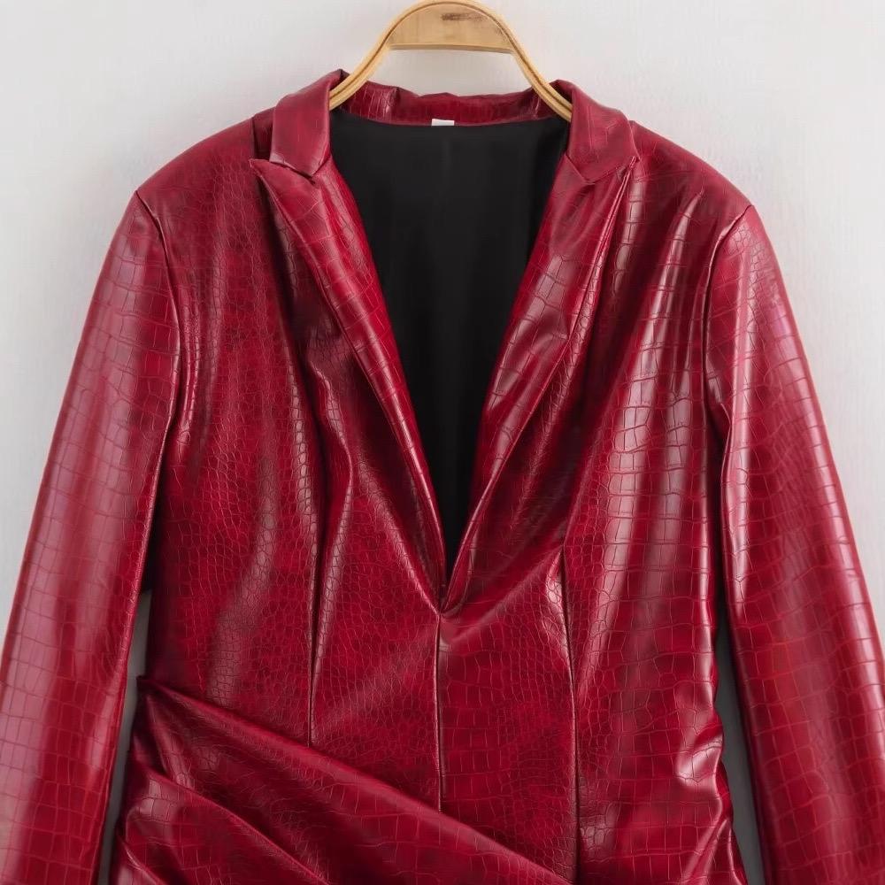 Pankh Melike Croc Faux Leather Pleated Blazer Dress