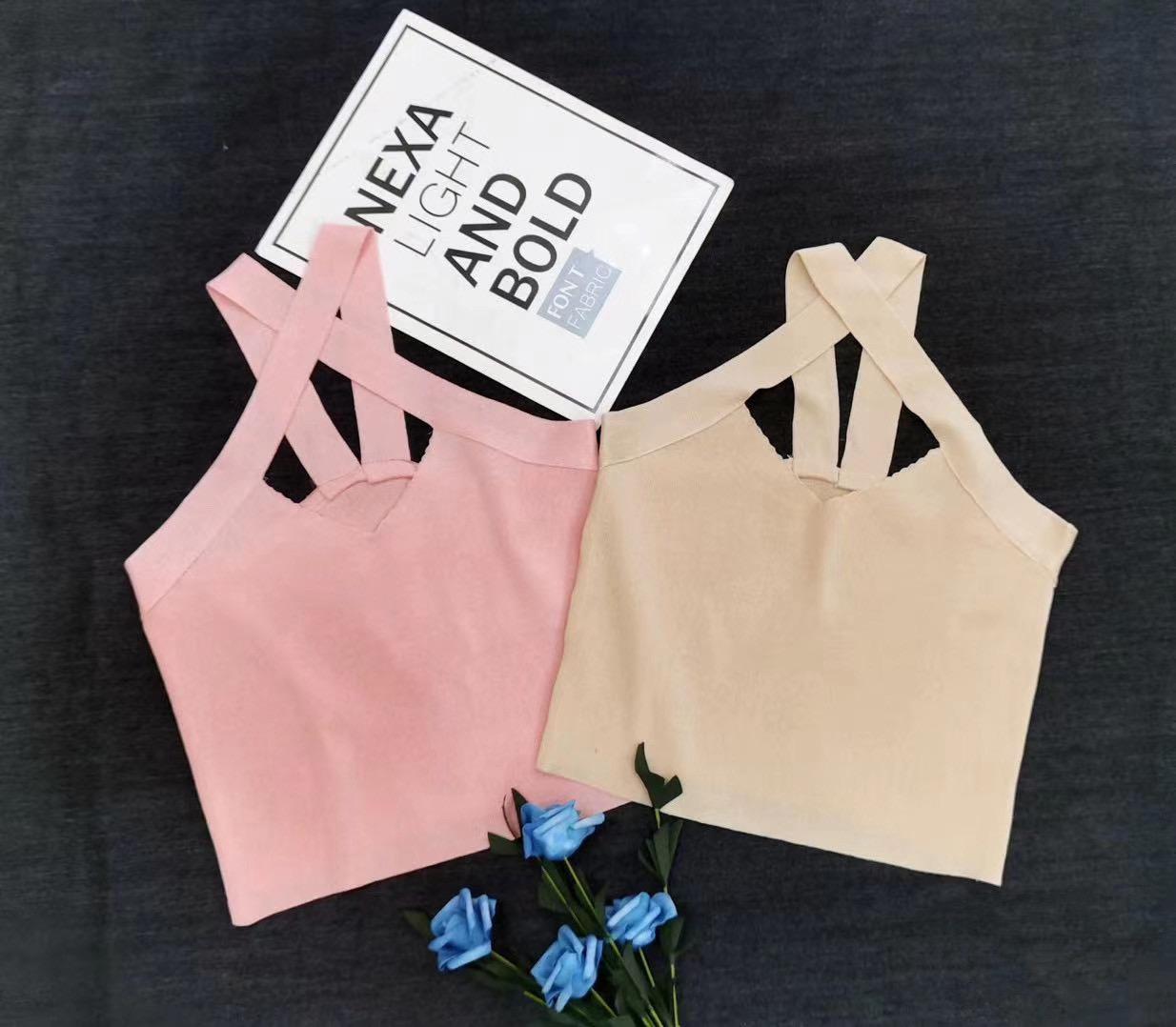 Pankh Davy Knit Cross Halter Neck Slim Sleeveless Tank Top