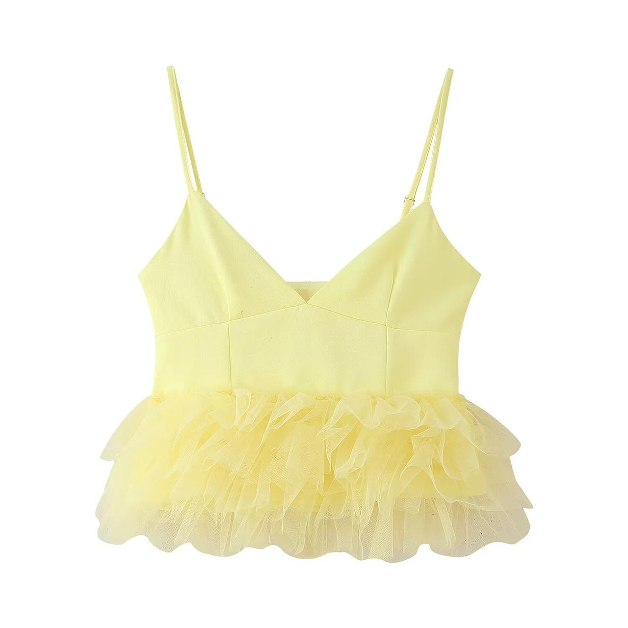 Pankh Birdie Fluffy Strap Mesh Ruffle Crop Top