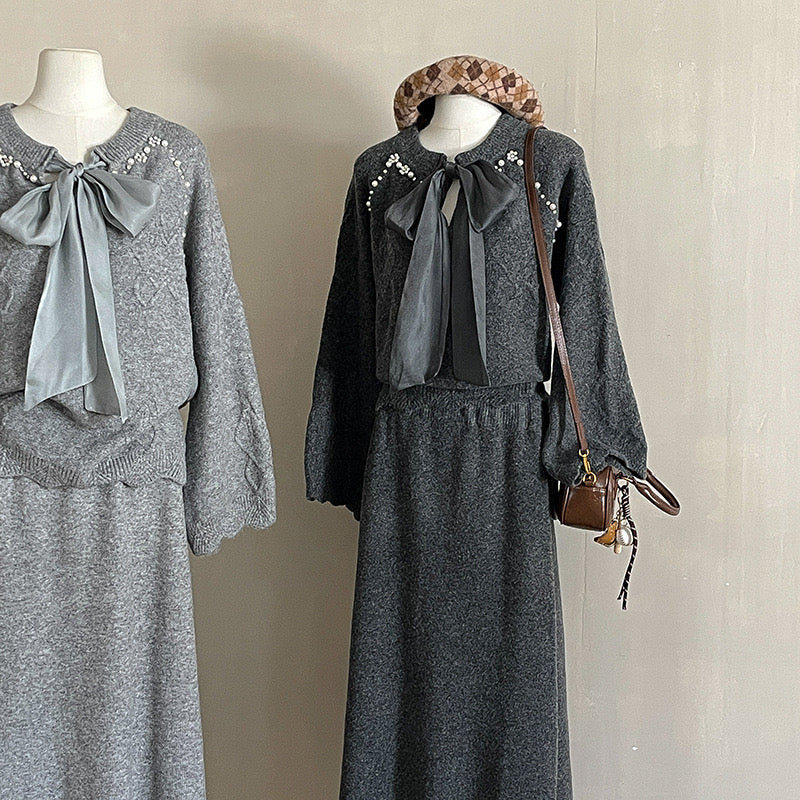 Pankh Tania Designer Pearl Embelished Bow Tie Woolen Top and Skirt Party Wear Set