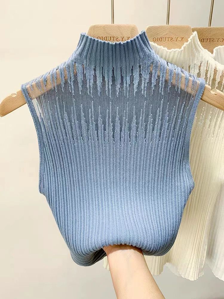 Pankh Meir Chic Mock Neck Mesh See Through Sleeveless Knitted Tank Top
