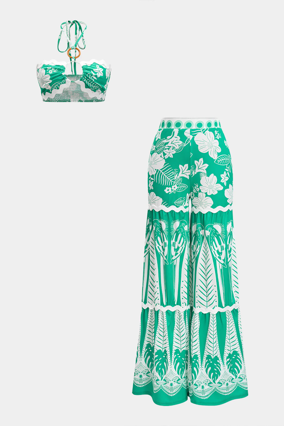 Pankh Sally Ric Rac Trims Floral Print Halter Neck Crop Top And Pant Set