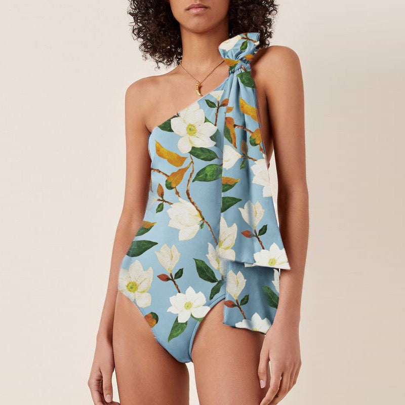 Pankh Gale Floral One Off Shoulder Monokini & Shorts Swim Set