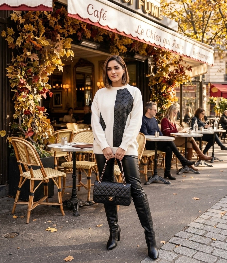 Pankh Charisma Designer Leather Patch Long Woolen Sweater