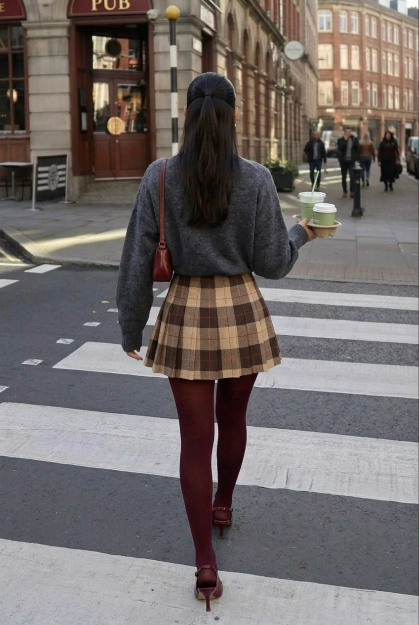 Pankh Lisbon Check Plaid Mini Pleated Skirt