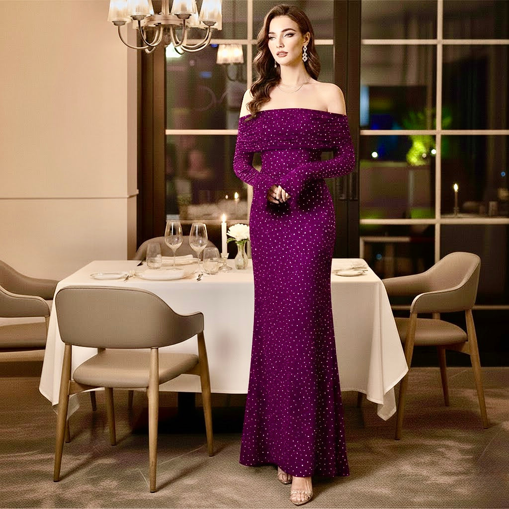 Pankh Rizya Stone Embelished Party Wear Shimmer Off Shoulder Maxi Evening Dress