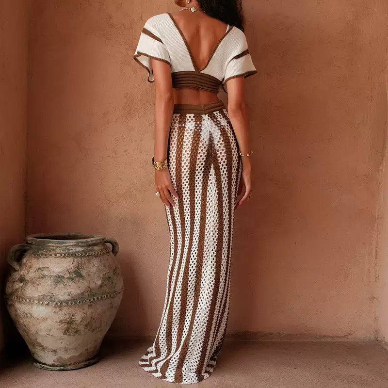 Pankh Callista Knitted Crochet Hollow Out Crop Top And Long Skirt