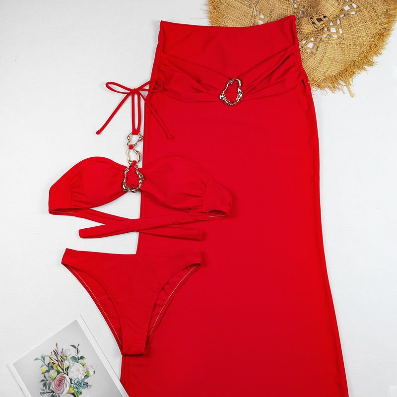 Pankh Akif Halter Neck Premium Quality 3 Piece Swimsuit With Stylish Buckle Skirt