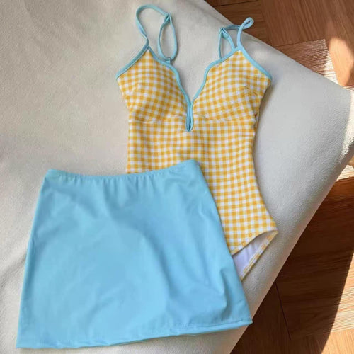 Pankh Adela Gingham Plaid Swimsuit &  Skirt Set
