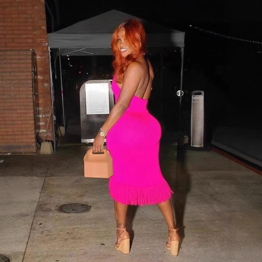 Pankh Vicki Halter Neck Crochet Knit Maxi Tassel Dress