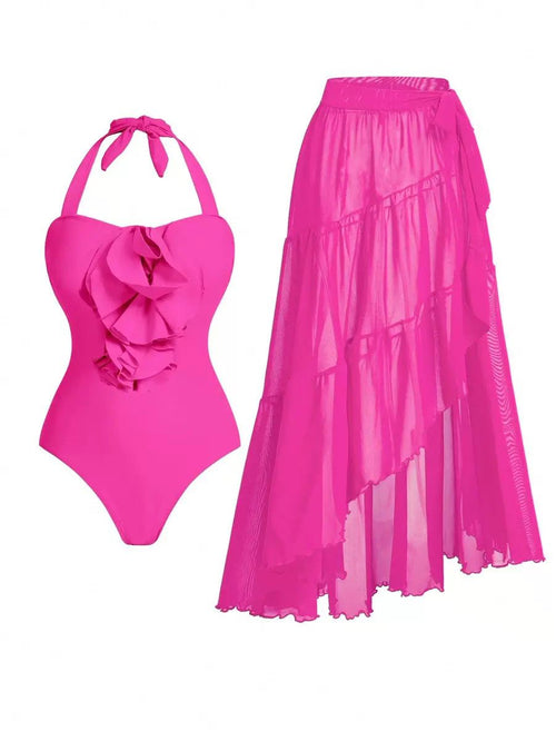 Pankh Marisol Floral Halter Monokini Swimsuit & Tiered Ruffle Skirt Set