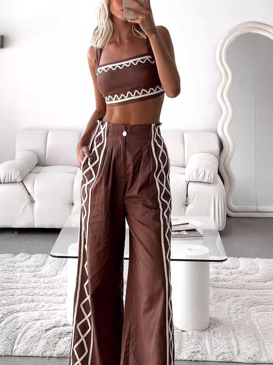 Pankh Linca Summer Casual Color Block Crop Tank Top and Baggy Pants Set