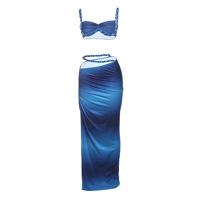 Pankh Eira Ruched Backless High Slit Strap Cami Top And Sheath Skirt Set