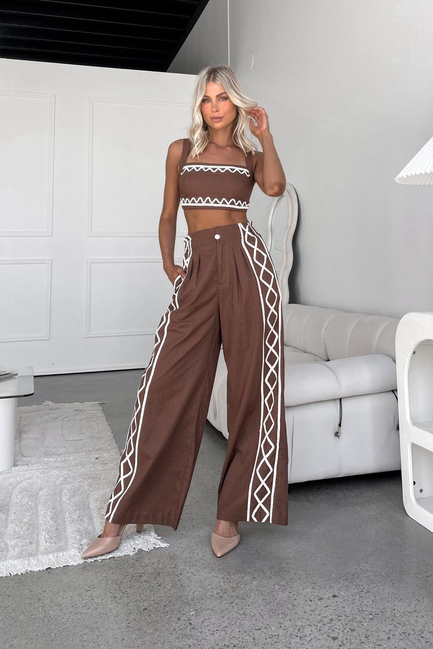 Pankh Linca Summer Casual Color Block Crop Tank Top and Baggy Pants Set