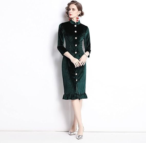 Miran French Cheongsam Velvet Fish Tail Long Sleeves Dress