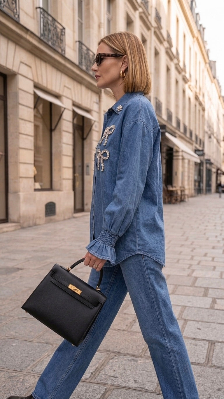 Pankh Niks Oversized Bow Stone Embelished Denim Shirt
