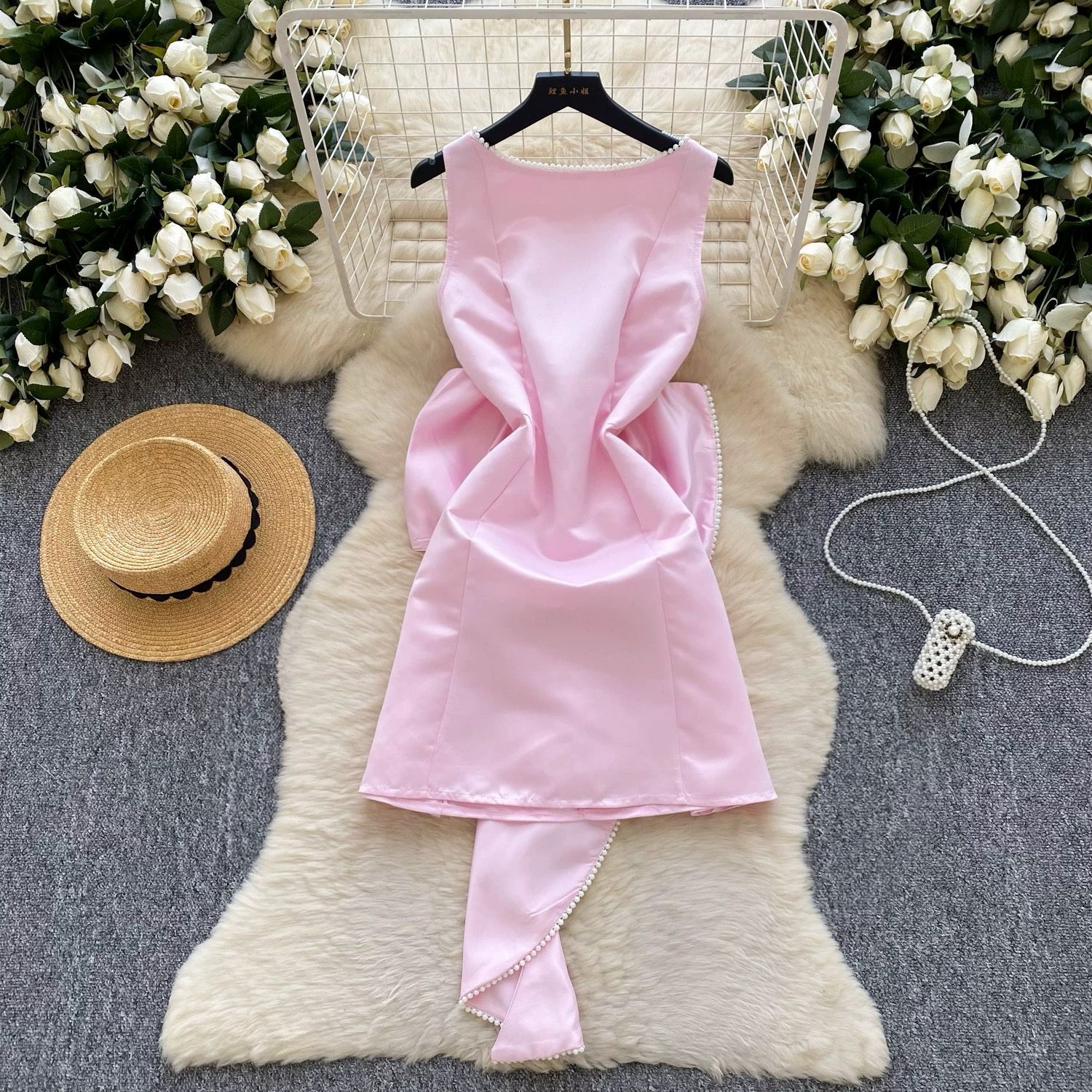 Pankh Jocelyn Beaded Pearl Backless Bow Flaire Mini Dress