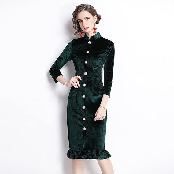 Miran French Cheongsam Velvet Fish Tail Long Sleeves Dress