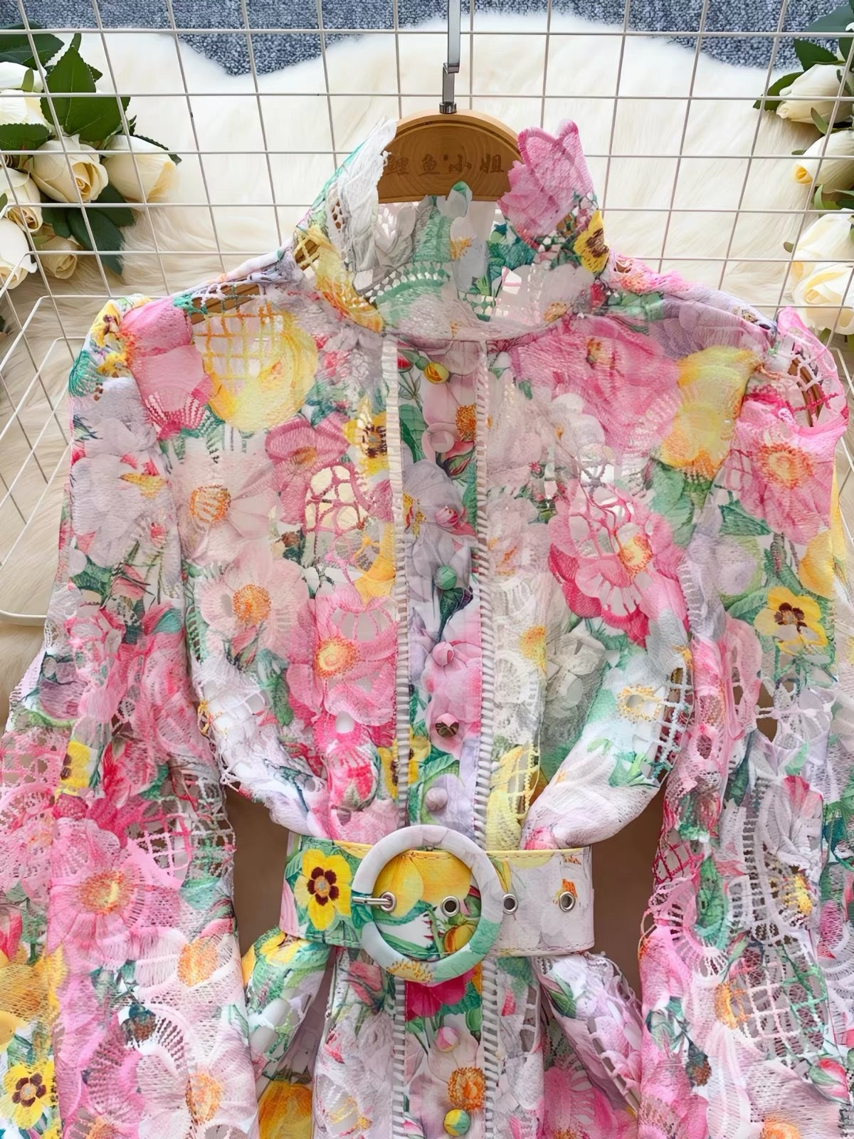 Pankh Skylar Elegant Floral Crochet Lace Long Sleeve Short Dress