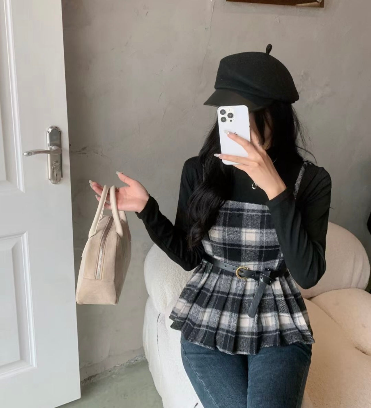 Pankh Meeko Check Plaid Woolen Jacket and Knit Top Set