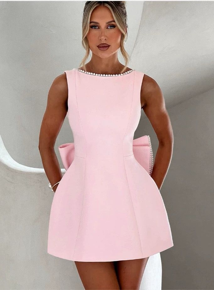 Pankh Jocelyn Beaded Pearl Backless Bow Flaire Mini Dress