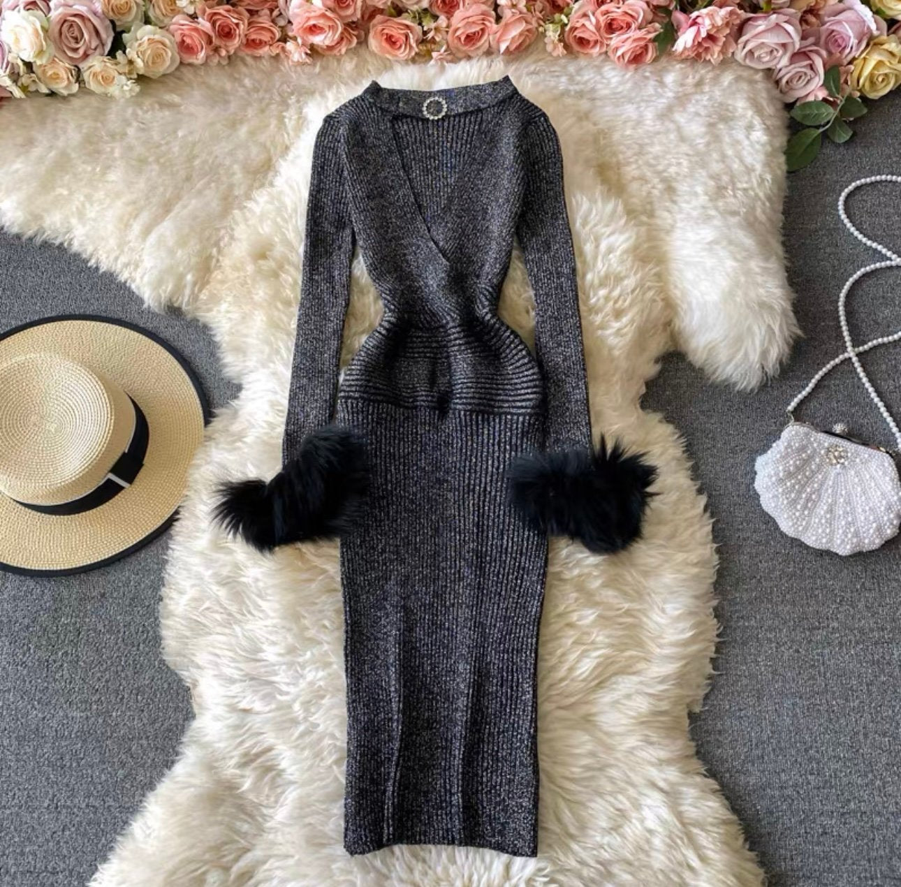 Pankh Delly Fur Bodycon Knit Dress