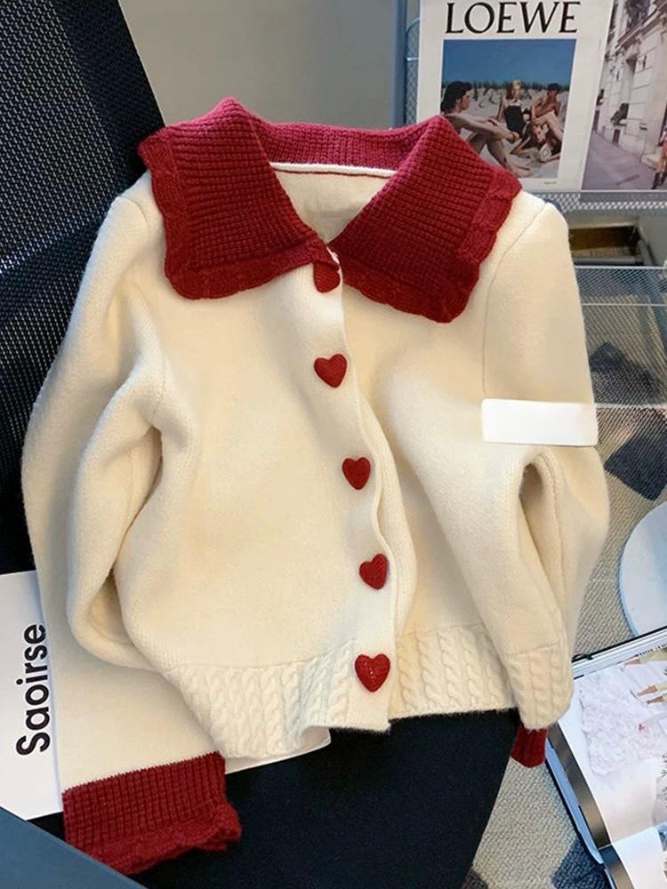 Pankh klint Luxe Collared Heart Button Soft Knit Cardigan Top