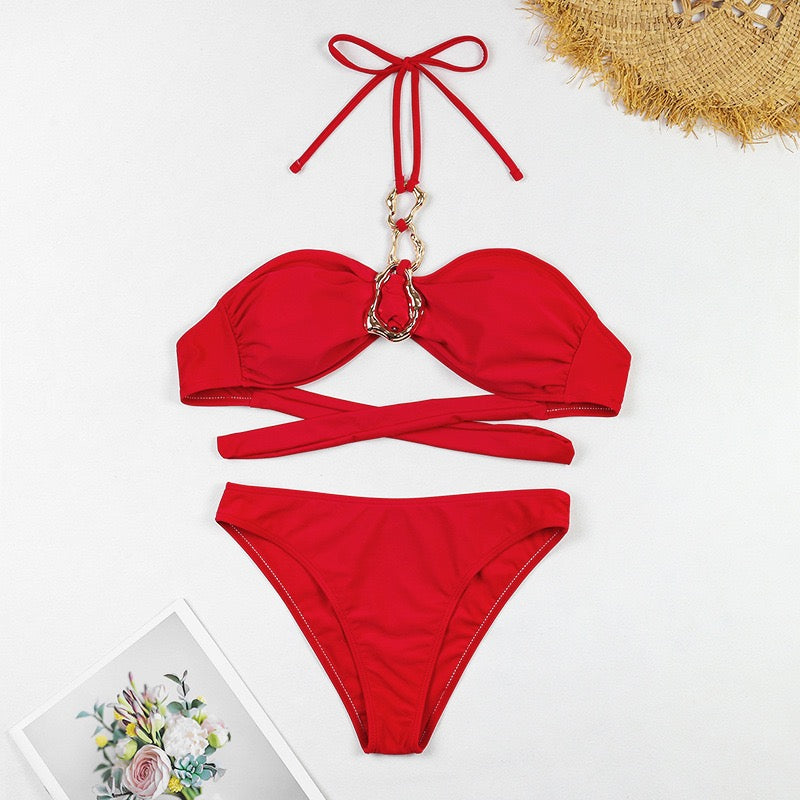 Pankh Akif Halter Neck Premium Quality 3 Piece Swimsuit With Stylish Buckle Skirt