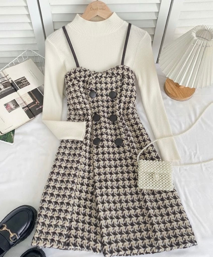 Pankh German Tweed Dress With Knit Top