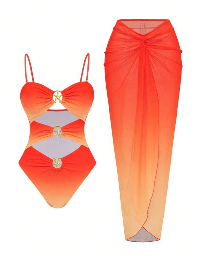 Pankh Ogayi Ombré Shell Monokini & Drape Skirt Coverup Swim Set