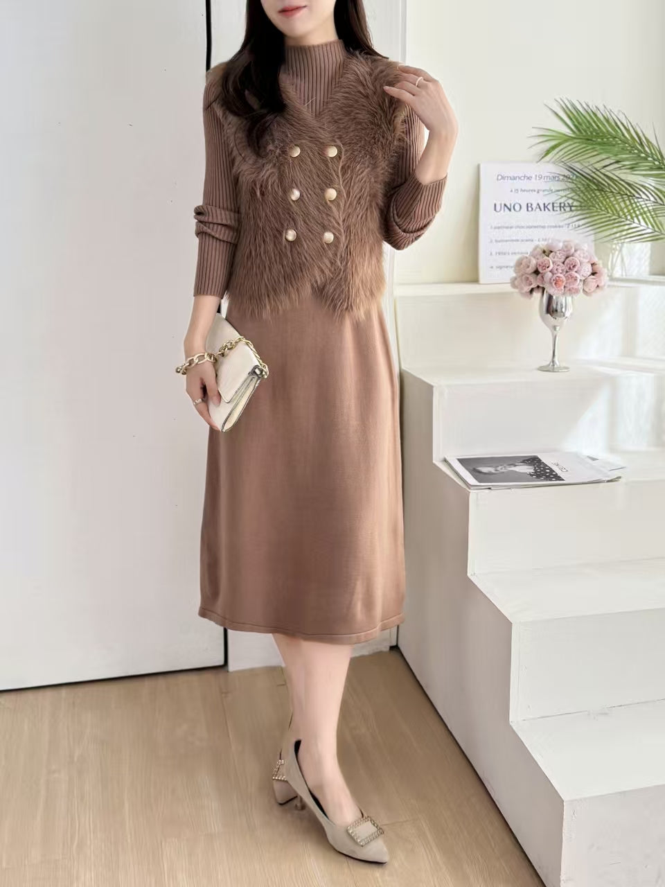 Pankh Huneza Woolen Dress with Fur Waist Coat Set