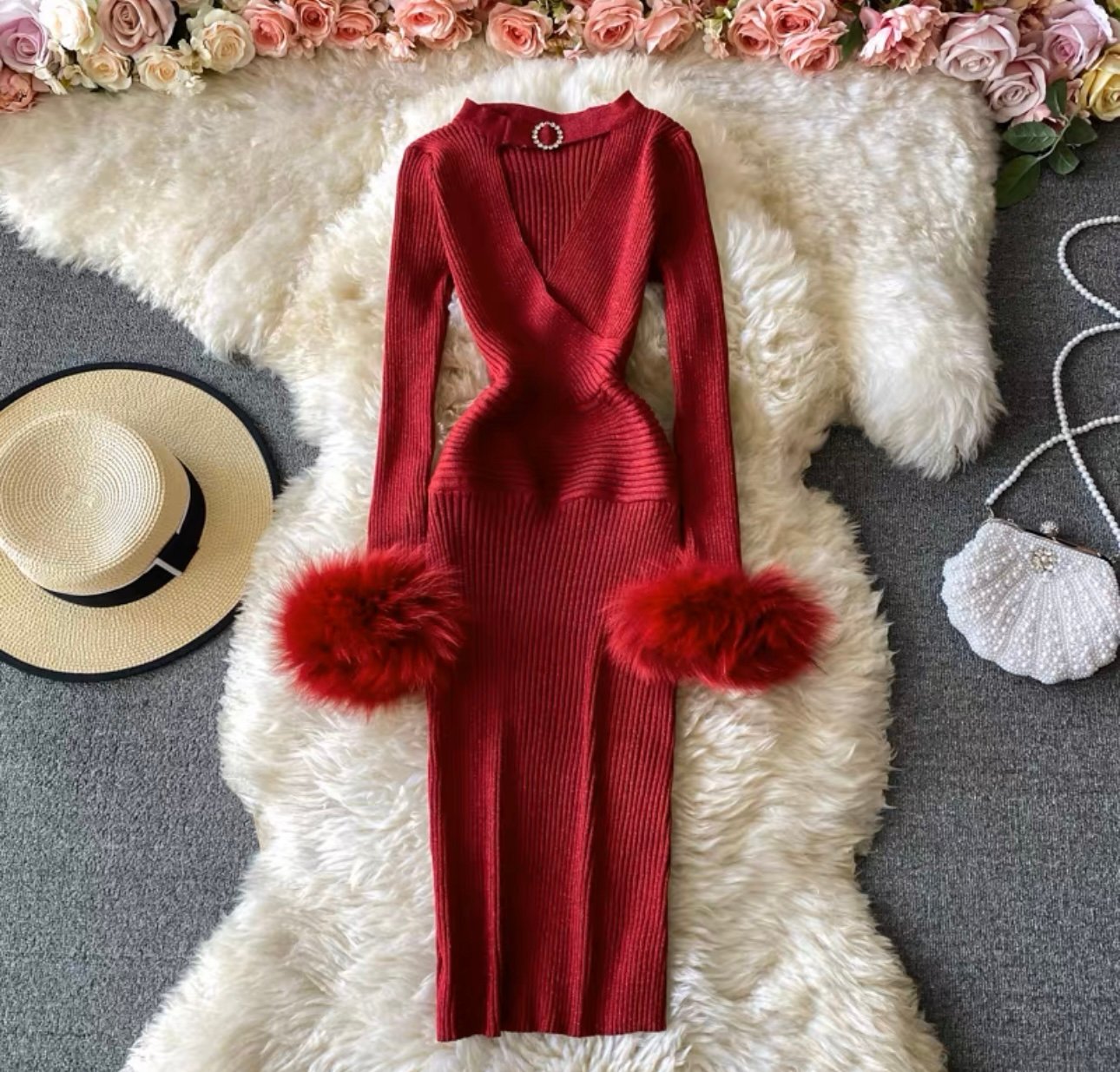 Pankh Delly Fur Bodycon Knit Dress