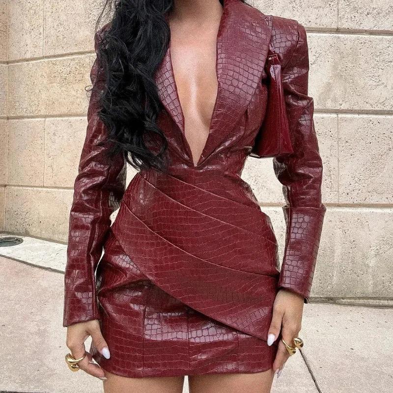 Pankh Melike Croc Faux Leather Pleated Blazer Dress