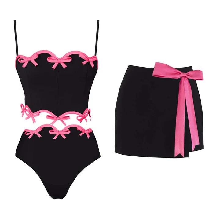Pankh  Berry Black Bodycon Pink 3D Bow Bodysuit And Skirt Set