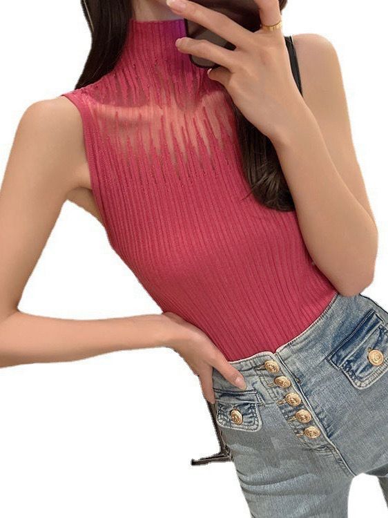 Pankh Meir Chic Mock Neck Mesh See Through Sleeveless Knitted Tank Top