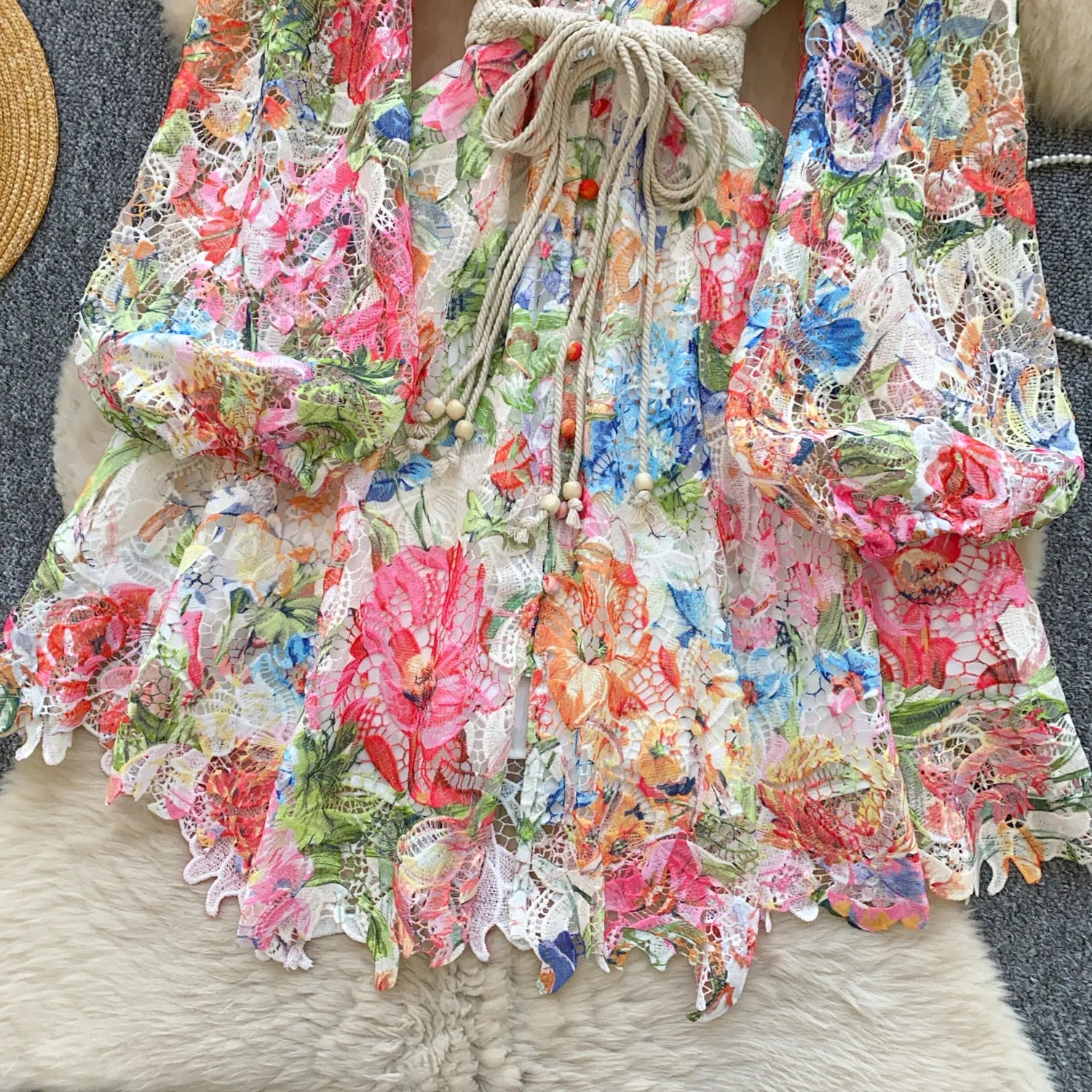 Pankh Skylar Elegant Colorfull Floral Crochet Lace Mini Long Sleeve Dress