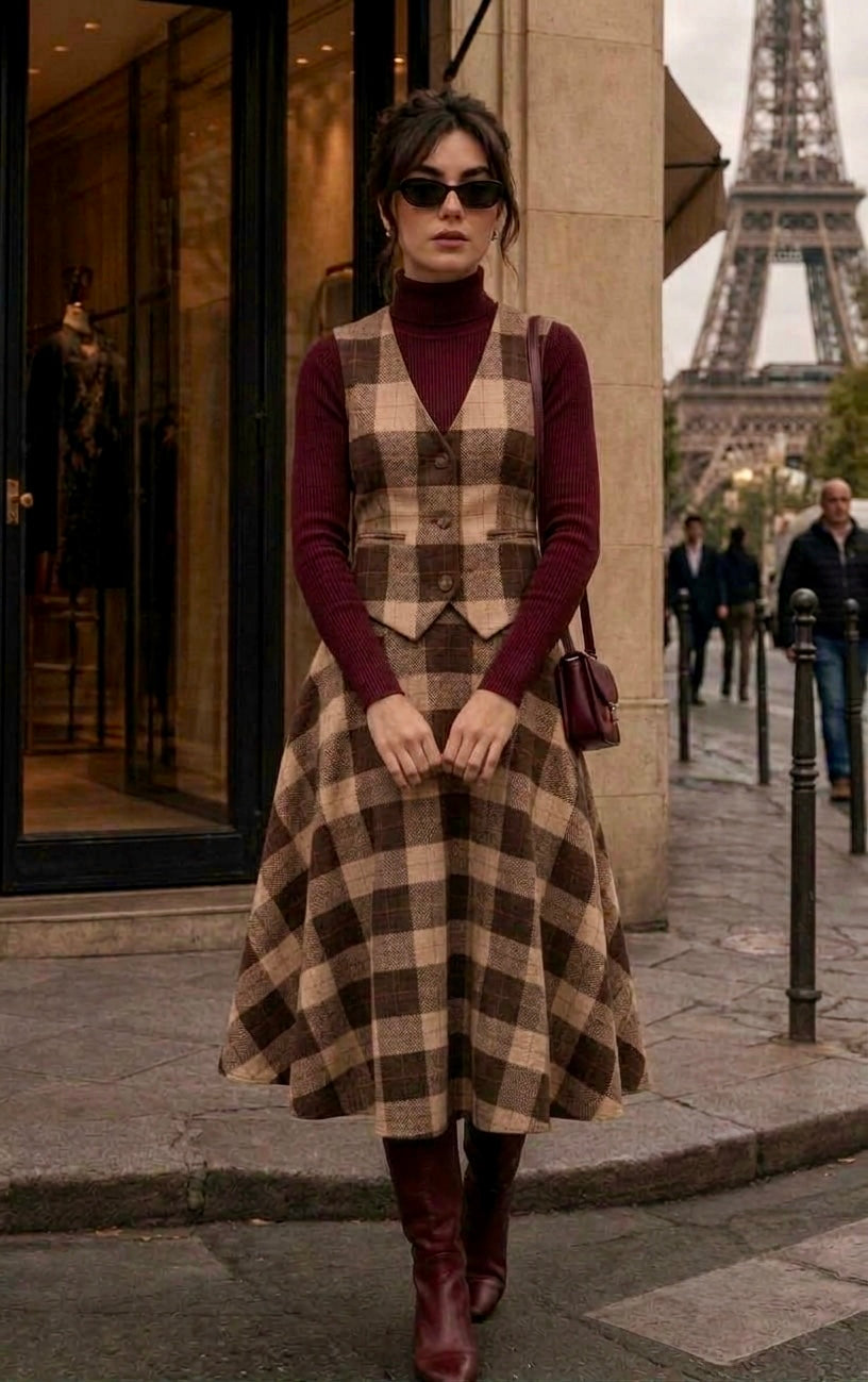 Pankh Cresent Plaid Check Waist Coat and Skirt Coord Set