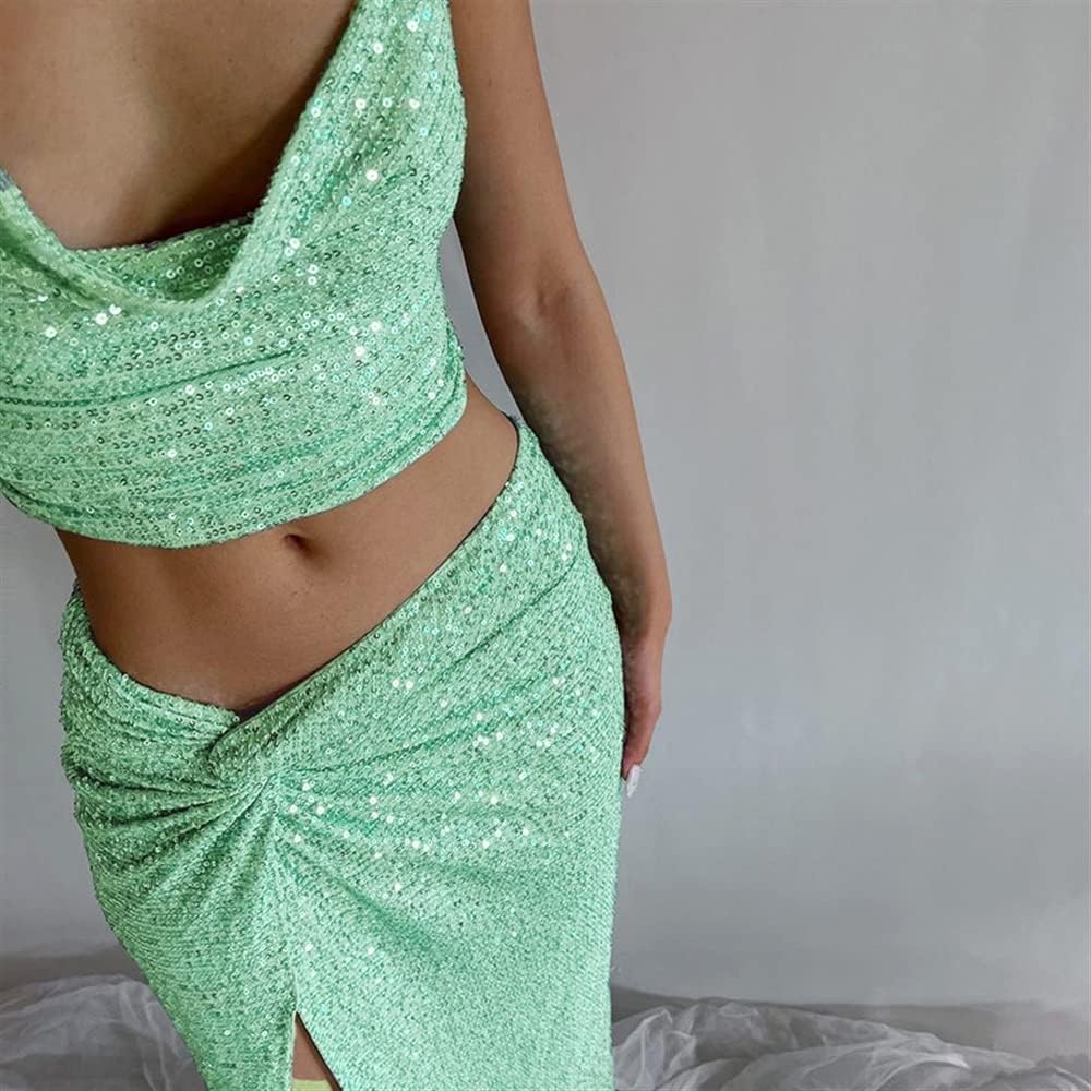 Pankh Alme Sequins Sleeveless Backless Crop Top Side Slit Bodycon Skirt 2 Piece Set