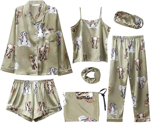 7 Pieces Lola Animal Print Pajamas Sets Stain Faux Silk Black Lines Pajamas Set Women Sleepwear Sets