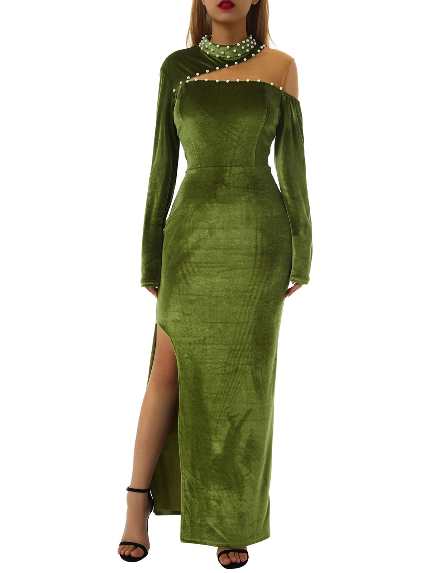 Pankh Mora Velvet Neck Pearl Party Wear Evening Maxi Dress