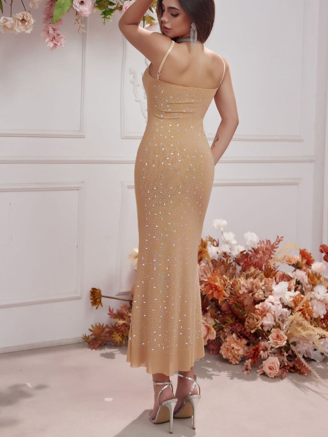 Pankh Celeste Crystal Rhinestone Partywear Maxi Dress with Lining